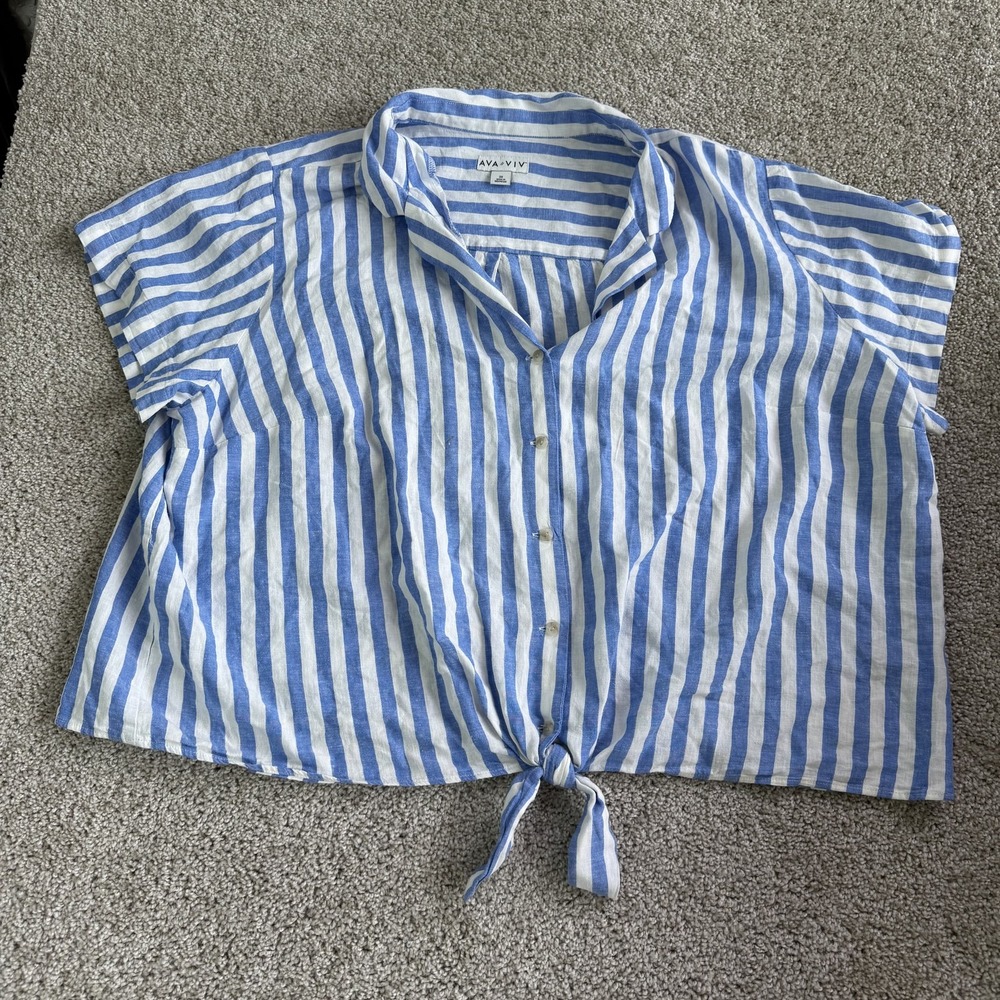 Ava & Viv Shirt Womens 3X Blue Striped Linen Short Sleeve Button Up Tie Front